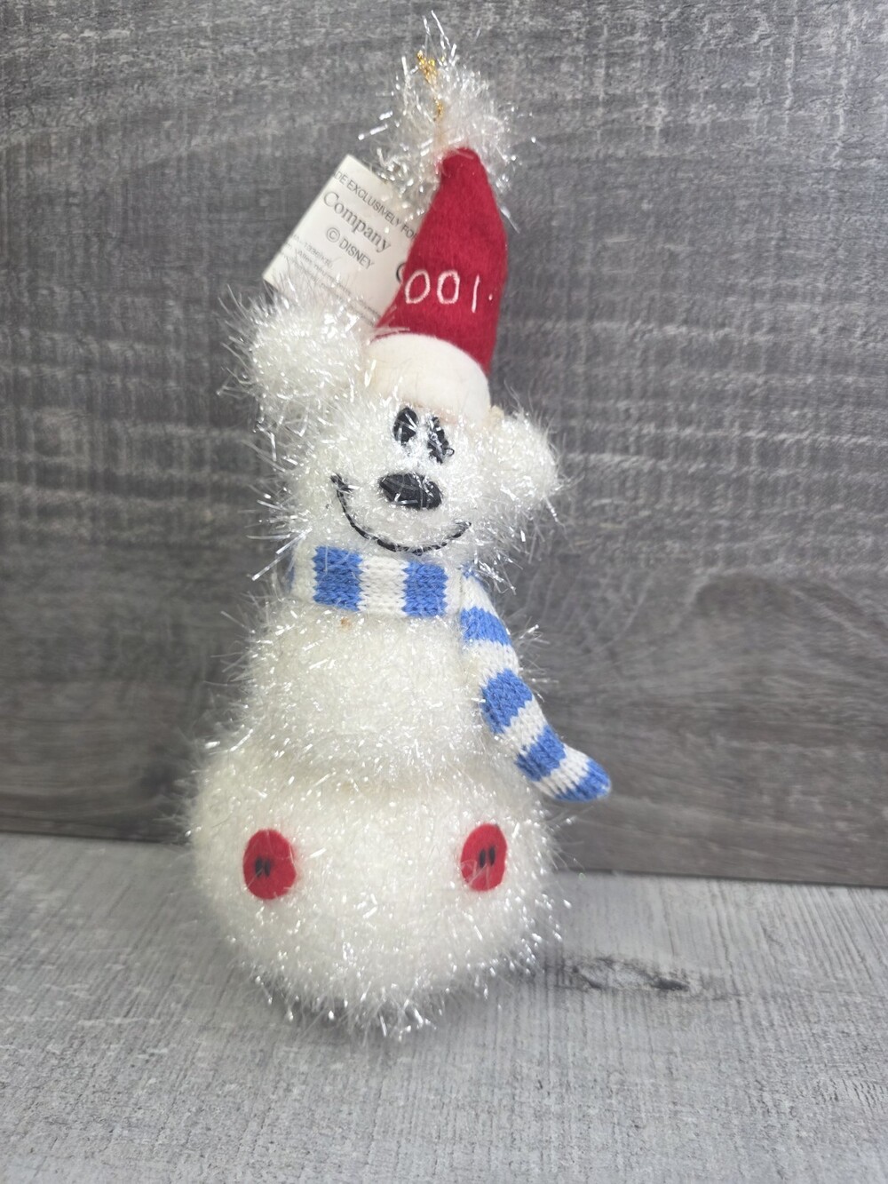 Disney Mickey Mouse Snowman Fuzzy Ornament White Christmas 2001 281b